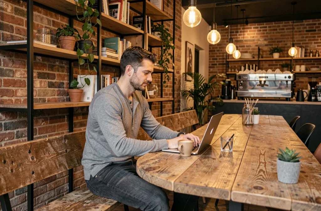 Homme au travail dans L'Usine Café Coworking à Rouen, ambiance industrielle et café artisanal