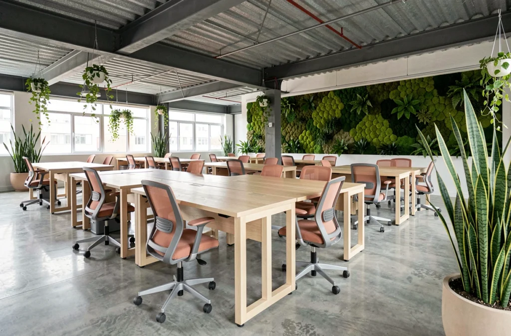 Vue d'ensemble d'un espace de coworking design vide avec mur végétal, bureaux en bois clair et sol en béton poli